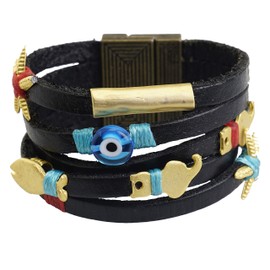 Luvi Catsy I Women's Leather Bracelet with Cat and Fish Metal Appliques - Charm Wrap Bracelet - Handmade (Black), Base Metal, Black