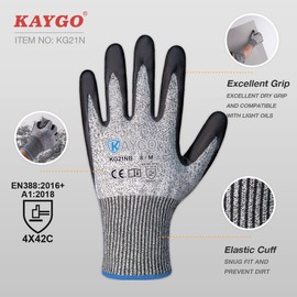 KAYGO Cut Resistant Work Gloves - 2 Pairs, Level C Protection, MicroFoam Nitrile Coated Good Grip Machine Washable, Cut Proof Safety Gloves EN388 4X42C, Ideal for General Purpose, KG21N (Grey, XL)