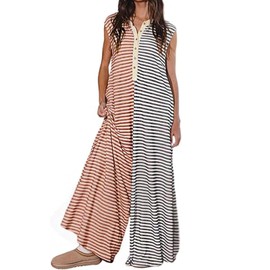 Women Cotton Loose Sleeveless Striped Wide Leg Jumpsuit Jumper Button Summer Rompers Baggy Overalls Comfy (Large,Grey)