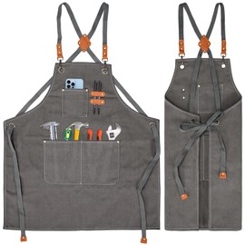 KOOOGEAR Multifunctional Canvas Apron, Work Apron, Welding Apron, Grill Cooking Apron, Adjustable Belt, Suitable Linen Apron Suitable for Kitchen, Garden, Blacksmiths, Workshop, gray