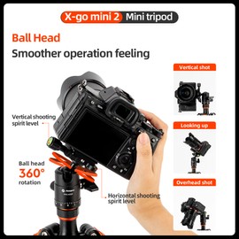 Fotopro Carbon Fiber Mini Tripod, Lightweight Tabletop Tripod with Ball Head, Compact Camera Tripod Stand, Weighs 0.64kg/1.4 lbs, Max Load 17.6 lbs, X-Go Mini 2