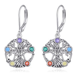 ONEFINITY Pentagram Earrings 925 Sterling Silver Tree of Life Pentagram Drop Earrings Witch Wiccan Pagan Jewellery Gifts for Women, Cubic Zirconia