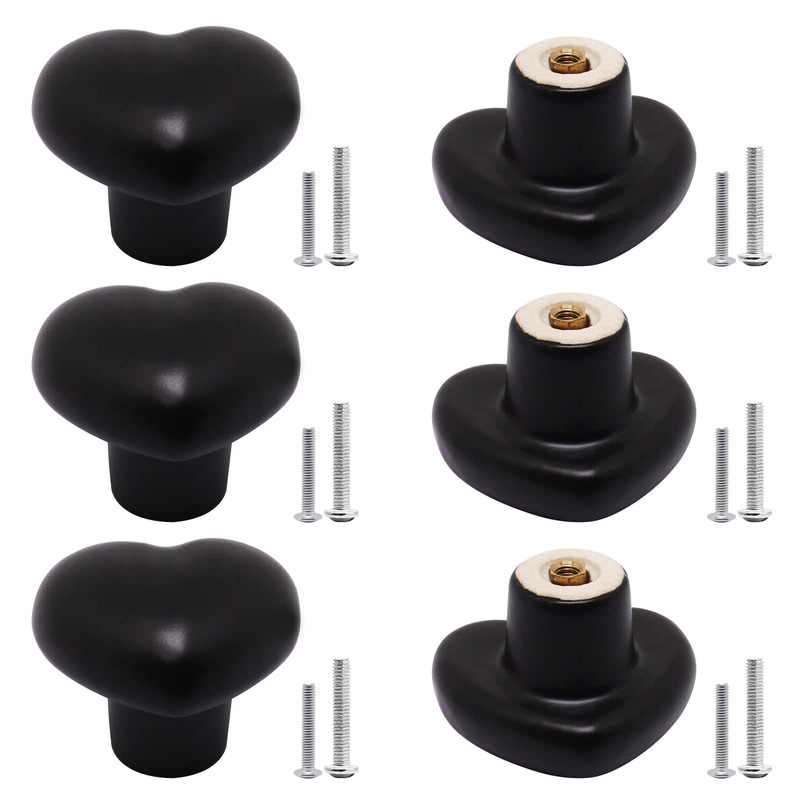 SWZHAI Ceramic Cabinet Knobs, 6 Pcs Black Heart Shaped Handles,