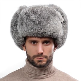 BXT Men's Faux Fur Russian Ushanka Hat with Ear Flaps Winter Warm Trapper Outdoor Trapper Hat for Dad Grey