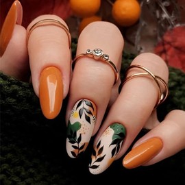 RIICFDD Fall Press on Nails Medium Fake Nails Almond Shape Acrylic Nails Leaf Nails Press ons Orange False Nails Artificial Glossy Full Cover Glue on Nails for Women Thanksgiving Nails 24 Pcs
