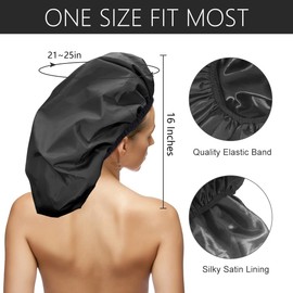 Auban Auban Extra Large Shower Cap, Double-Layer Waterproof Reusable, XL Satin Lining Shower Bonnet for Women Thick, Long Hair, Locs, Braids(Black)