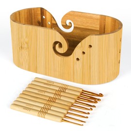 Bamboo Knitting Bowls for Yarn, Oval Crochet Yarn Holder with 9PCS Knitting Hooks, Yarn Storage Crochet Bowl for Crocheters, Large Yarn Bowl for Crocheting Knitting Lovers Beginners 11.3 X 5.9 X 4.7”