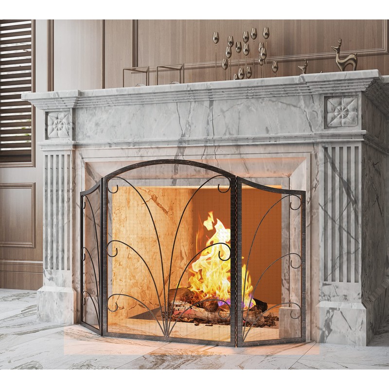 Kingson 3-Panel Arched Childproof Fireplace Screen Decorative, Handcrafted Scroll Wrought