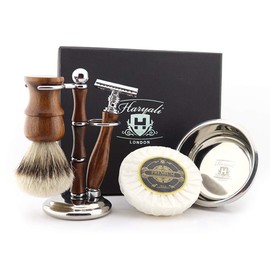 Haryali London Men's 5 Piece Double Edge Safety Razor Badger Brush Stand Soap Bowl Set