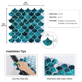 CRE8TIVE 4 Sheets Teal Green Fish Scale Peel and Stick Backsplash for Kitchen Bathroom Tiles Peel and Stick Waterproof Shower Tile Adhesive Backsplash Shell Stick on Wall Tile for Laundry Room 12"x12"