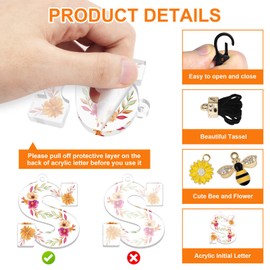 Oubaka Alphabet Initial Letter Keychain Keyring for Women, Acrylic Letter Initials Keyring Cute Letter Keyring Alphabet Keyrings Tassel Bee Flower Pendant Key Ring for Backpack Handbag(Letter S)