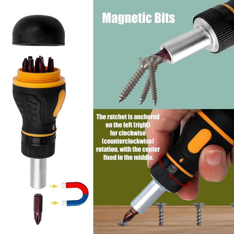 Treki Stubby Ratcheting Screwdriver Set，1/4 Hex 9 In1 Short Handle