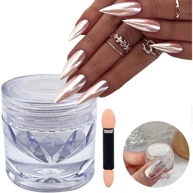 Polvo para uñas con efecto espejo superbrillante, cromo perlado blanco,