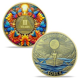IELCJJ 3 Year Sobriety Coin, Delicate Sunflower Sobriety Chip Colorful Butterfly AA Coin and Medallions One Day at A Time Sober Token Narcotics Alcoholics Anonymous Recovery Gifts for Men Women