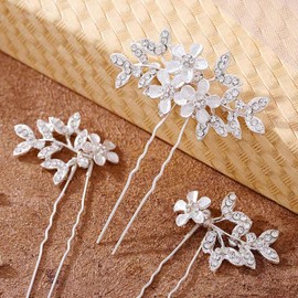 Foyte Crystal Wedding Hair Pins Flower Bride Headpiece Leaf Rhinestone Hair Pieces silver Hair Accessories for Women