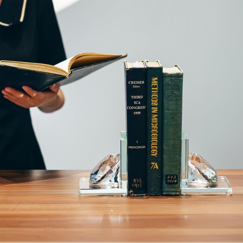 1 Pair Crystal Bookends with 80mm Clear Diamond, L Shaped