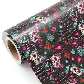 WRAPAHOLIC Day of the Dead Wrapping Paper - Mini Roll - 17 Inch x 16.5 Feet - Sugar Skull Cats and Floral Wrapping Paper for Day of the Dead, Holiday, Party
