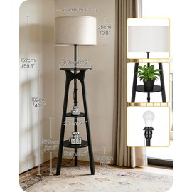GOEBLESON 3 Tier Shelf Floor Lamps, Wood Tripod Floor Lamp, Large Linen Lampshade, 3 Color Temperature LED Bulb Included, Modern Shelf Floor Lamp for Living Room Bedroom Beige and Black BE25LD05