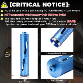 DaduoRi 2 1/4" Dry Core Drill Bit, 5/8"-11 Thread, with 3 Adapters Included: SDS Plus, SDS Max and 1/2" Hex Shank; 9.5" Drilling Depth Diamond Core Bits for Brick, Block, Concrete, Stucco and Masonry