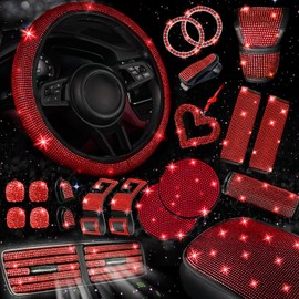 NBTEPEM 30 Pcs Red Bling Car Accessories Set for Women, Red Steering Wheel Cover Set, Bling Console Cover, Seat Belt Cushion, Shift Knob Cushion, Cup Holder Coaster, Rhinestone Car Hanging Accessories