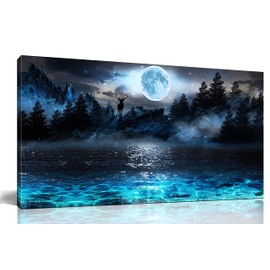 Moon Sea Ocean Wall-Art For Living Room Large Size - Blue Wall Decor For Bedroom - Forest Wall Art Ready To Hang 30" x 60"