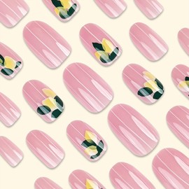 Pink Press on Nails Spring Summer Fake Nails Short Almond Shaped False Nails Lemon Designs Glossy Reusable Acrylic Nails Full Cover Glue on Nails for Women Nail Art Decorations 24 Pcs