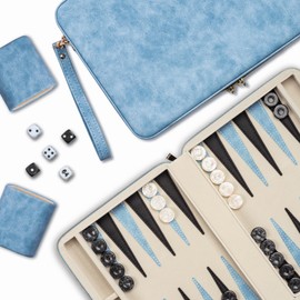 Backgammon Sets for Adults, Classic Board Game with Foldable Leather Backgammon Case, Portable Travel Backgammon Set, Includes 30 Artificial Horn Checkers (Blue)
