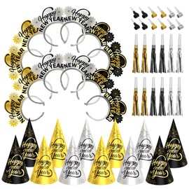 DECOLIFE New Years Eve Party Supplies 2025 Serves 24, Tiara Headbands, Cone Hats, Noise Makers Included, Happy New Year Decorations Toltal 48PCS