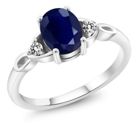Gem Stone King 925 Sterling Silver Blue Sapphire and White Diamond Ring | 3-Stone Ring For Women | 1.87 Cttw | Gemstone September Birthstone | Oval 8X6MM | Available In Size 5, 6, 7, 8, 9