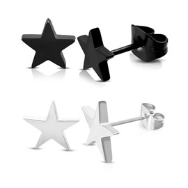 2 Pairs Silver Black Star Stud Earrings Set for Men Women Stainless Steel Star Stud Earrings Jewelry (Silver+Black)