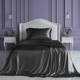 SLEEP SANCTUARY Satin Sheets Twin Size – 3 Piece Luxury Silky Bed Set, Softer Than Silk, 15" Deep Pocket, Cooling & Wrinkle-Free, Moisture-Wicking & Breathable for Hair & Skin (Stone Grey)