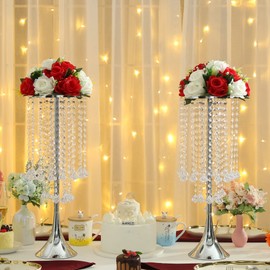 2Pcs 21.88" Height Elegant Centerpieces with Chandelier Crystals Metal Vase Silver Flower Stand for Table Wedding Centerpieces Decorations, Christmas,Event, Home, Party