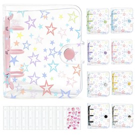 DELUXEFOX Sticker Pad, Transparent, Star Pattern, A8, Girls, Mini, 3 Holes, Binder x 10 Refills, PP Sheet Card Pocket, Sticker Mount, Notebook, Clear, Pre-Notebook, Card Sleeve, Cute, Transparent