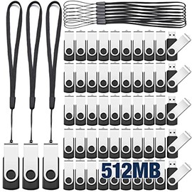 Aoriher 50 Memorias USB 2.0, Memorias USB Portátiles con Cordones, Unidades Flash Giratorias Memorias USB para Oficina Escuela Almacenamiento de Datos (Negro, Plata, 512 MB)