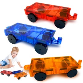 Magnet Bricks Truck, 3 Pcs Magnetic Tiles Expansion Car, Magnetic Construction Set, STEM Toys, Magnetic Add-ons with Re-Enforced Hitch and Long Bed, for 3 4 5 6 7 8+ Year Old（Red, Blue and Yellow）