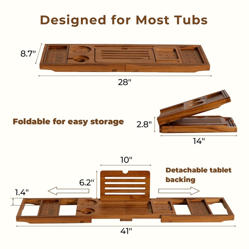 Teak Bathtub Tray, Luxury Bath Table Tray with Wine Glass