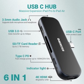 USB C Adapter, 6 in 1 USB C HUB Including 4K HDMI, USB 3.0, Type C PD, SD/TF Card Reader and Audio Socket for Windows, MacOS, MacBook and Laptops