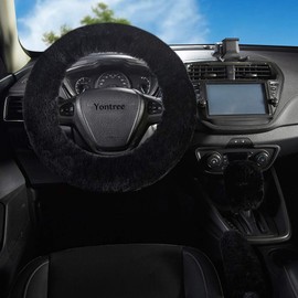 Yontree Fashion Fluffy Steering Wheel Covers for Women/Girls/Ladies Australia Pure Wool 15 Inch 1 Set 3 Pcs (Black)
