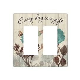 Vintage Farmhouse Teal Tulip Floral Flowers Double Rocker Light Switch Plates Outlet Covers Retro Decorative 2 Gang Wall Plate Electrical Switchplate Faceplate for Bathroom Home Decor Accessories