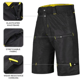 Urban Cycling Apparel The Single Tracker - Pantalones cortos para bicicleta de montaña con bolsillos con zíper, conjunto con forro interior, Black/Yellow - With Undershorts, Medium