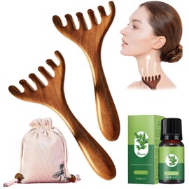 2 Stück Sechs Krallen massagekamm,Geweih massage kamm holz,massage kamm aus hirschgeweih,zur Reinigung der Kopfhaut,Meridian-Massagekamm,Stressabbau,1 Flasche ätherisches Öl,1 Aufbewahrungstasche