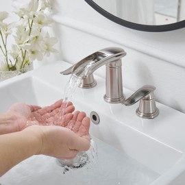 BWE Waterfall Bathroom Faucet, Brushed Nickel 8 Inch Widespread Bathroom Sink Faucet Two-Handle with Pop-up Drain, for Vanity, Lavatory Sink