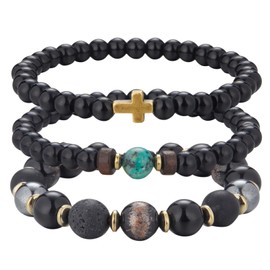 Dazylleco Pack of 3 Pearl Bracelets for Men Natural Stone Bracelet Black Stainless Steel Leather Bracelet Adjustable Jewellery Set Men's Gift Father's Day for Men, Stone, No gemstone