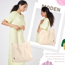 GASSDA Women's Corduroy Bag, Large Shopper Bag, Women's Handbag, Shoulder Bag, Tote Bag with Zip and Cosmetic Bags, A-light khaki