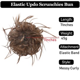 HMD Tousled Updo Messy Bun Hairpiece Hair Extension Ponytail with Elastic Rubber Band Updo Ponytail Hairpiece Synthetic Hair Extensions Scrunchies Ponytail Hairpieces for Women (Medium warm Brown)