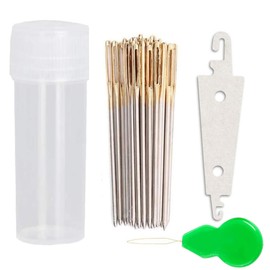 100pcs Cross Stitch Needles +2 Needle Threader Golden Color Large Eyes Cross Stitch DIY Embroidery Hand Needles Sewing Needles in Transparent Box (24#)