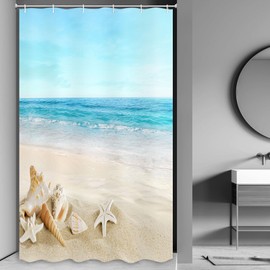 JAWO Beach Shower Curtain, Blue Shower Stall Curtains for Bathroom, Tropical Ocean Waves Seashell Starfish Scene Small Shower Curtain Bathroom Decor, 36x72 Inches