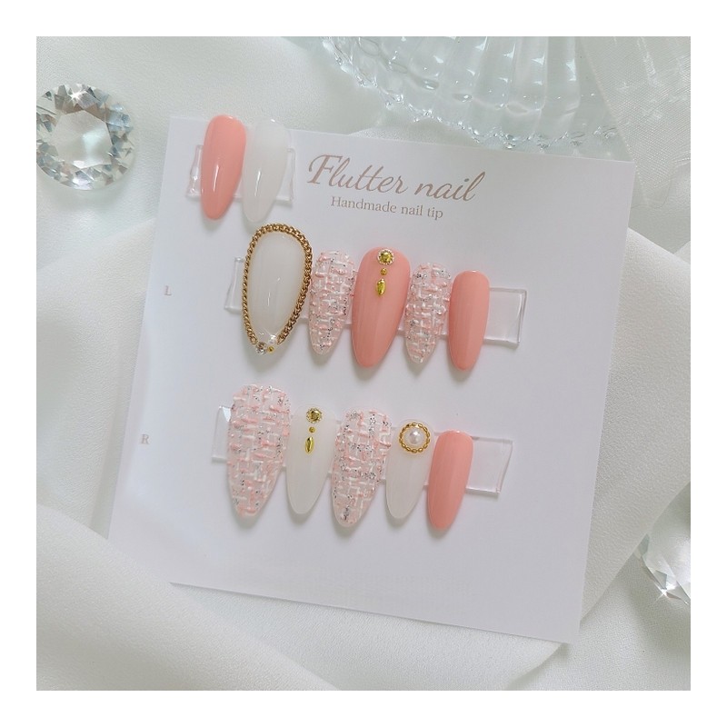 Pink tweed gold point handmade nail tip - Stiletto /