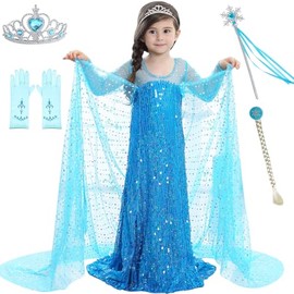 Traje de Princesa de Nieve con Guantes de Cetro de Corona de Peluca,Adecuado para Disfraces de Fiesta de Cumpleaños de Niñas,Adecuado para Disfraces de Carnaval,Fiestas de Disfraces (Azul, 100(2-3T))