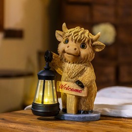 KIWZZXXKW Solar Highland Cow Garden Decor Resin Statue, Outdoor Fun Decoration, Suitable for Patio, Back Porch, Table Ornaments, Unique Housewarming, Birthday Gifts for Women(Brown,Welcome)